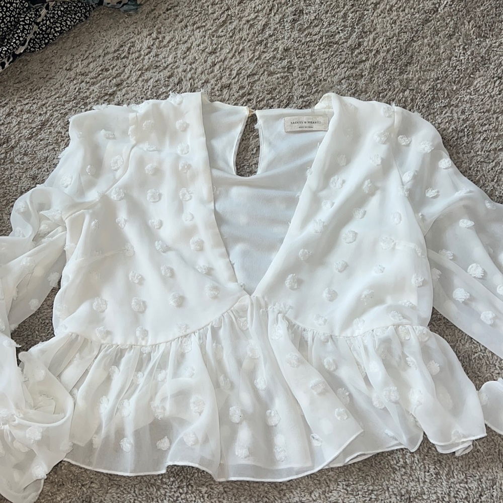 White long sleeve deep V top